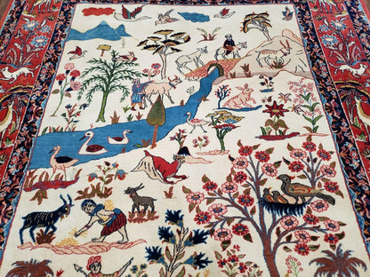 Antique Persian Isfahan Rug 5x7, Animal and Human Pictorials, Hand Knotted Fine Oriental Wool Carpet, Cream and Red, High KPSI, Vintage Rug 5 x 7 ft - Nuvé