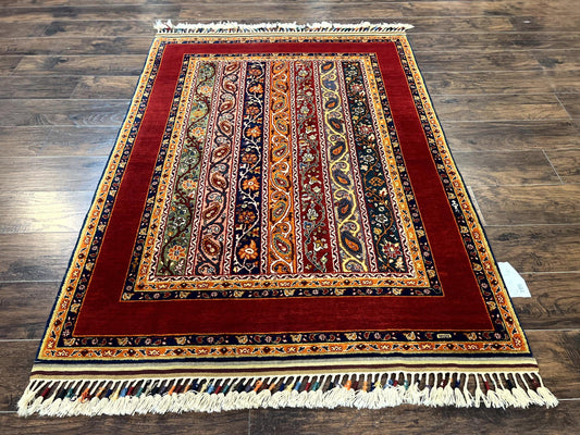 Turkish Rug 4x6, Stripe Pattern, Red & Multicolor, Vintage Handmade Wool Carpet - Nuvé