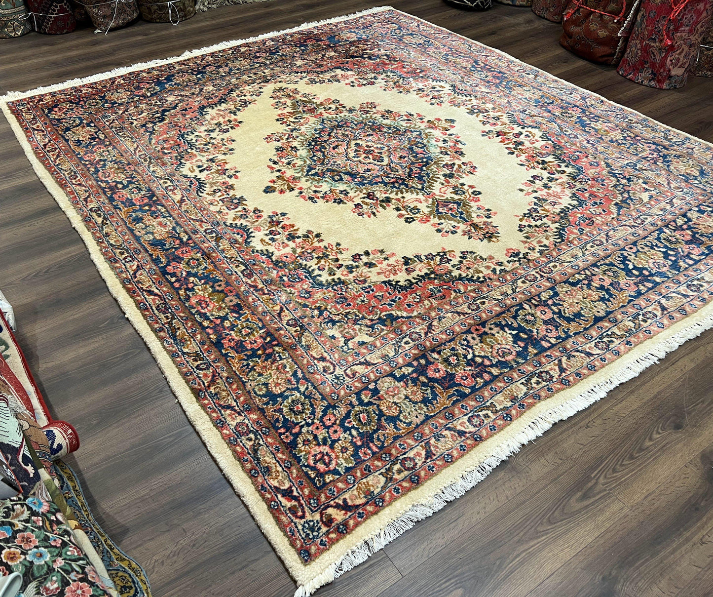 Persian Rug 9x10, Hamadan Rug, Antique Oriental Carpet, Wool Rug, Semi Open Field, Cream and Navy Blue, Kirman Design Hand Knotted Almost Square Rug - Nuvé