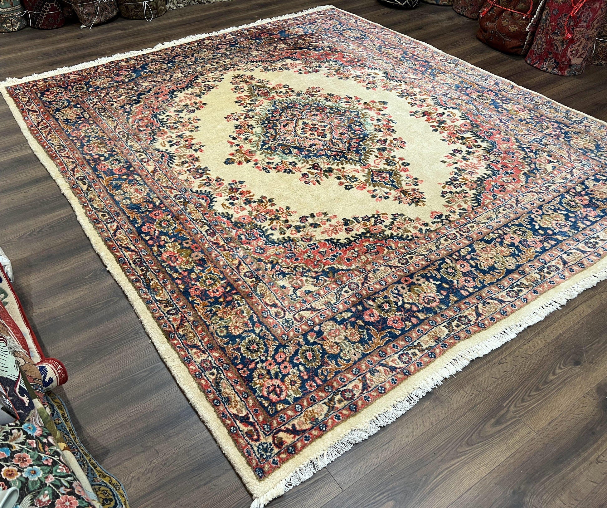 Persian Rug 9x10, Hamadan Rug, Antique Oriental Carpet, Wool Rug, Semi Open Field, Cream and Navy Blue, Kirman Design Hand Knotted Almost Square Rug - Nuvé