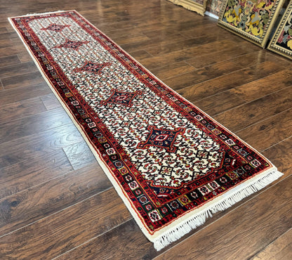 Indo Persian Bidjar Runner Rug 2.8 x 10, Vintage Rug for Hallway, 10ft Runner, Wool Handmade Ivory and Red, Medallions - Nuvé