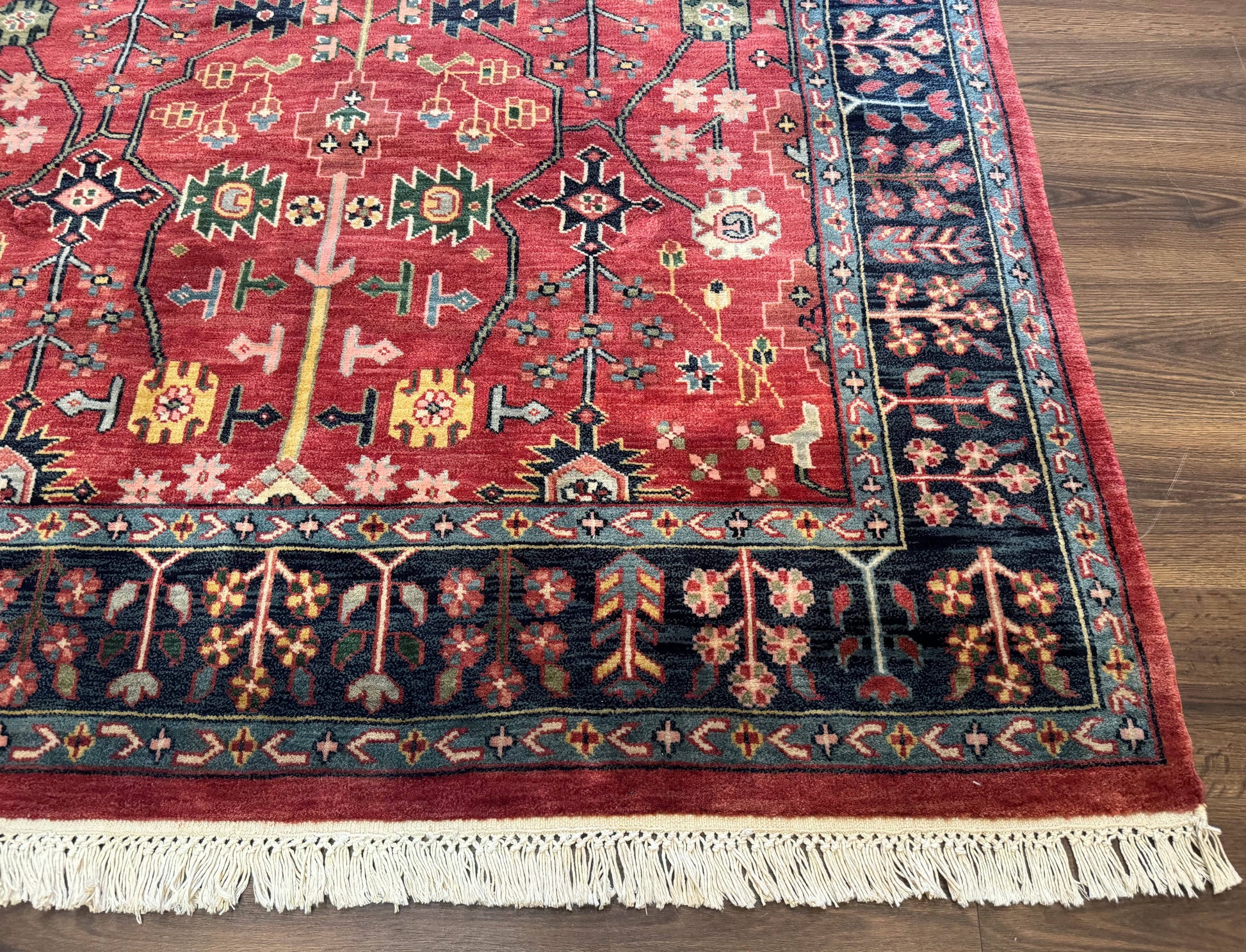 Indo Persian Heriz Serapi Rug 6x8, Rust Red and Navy Blue, Allover Pattern - Nuvé