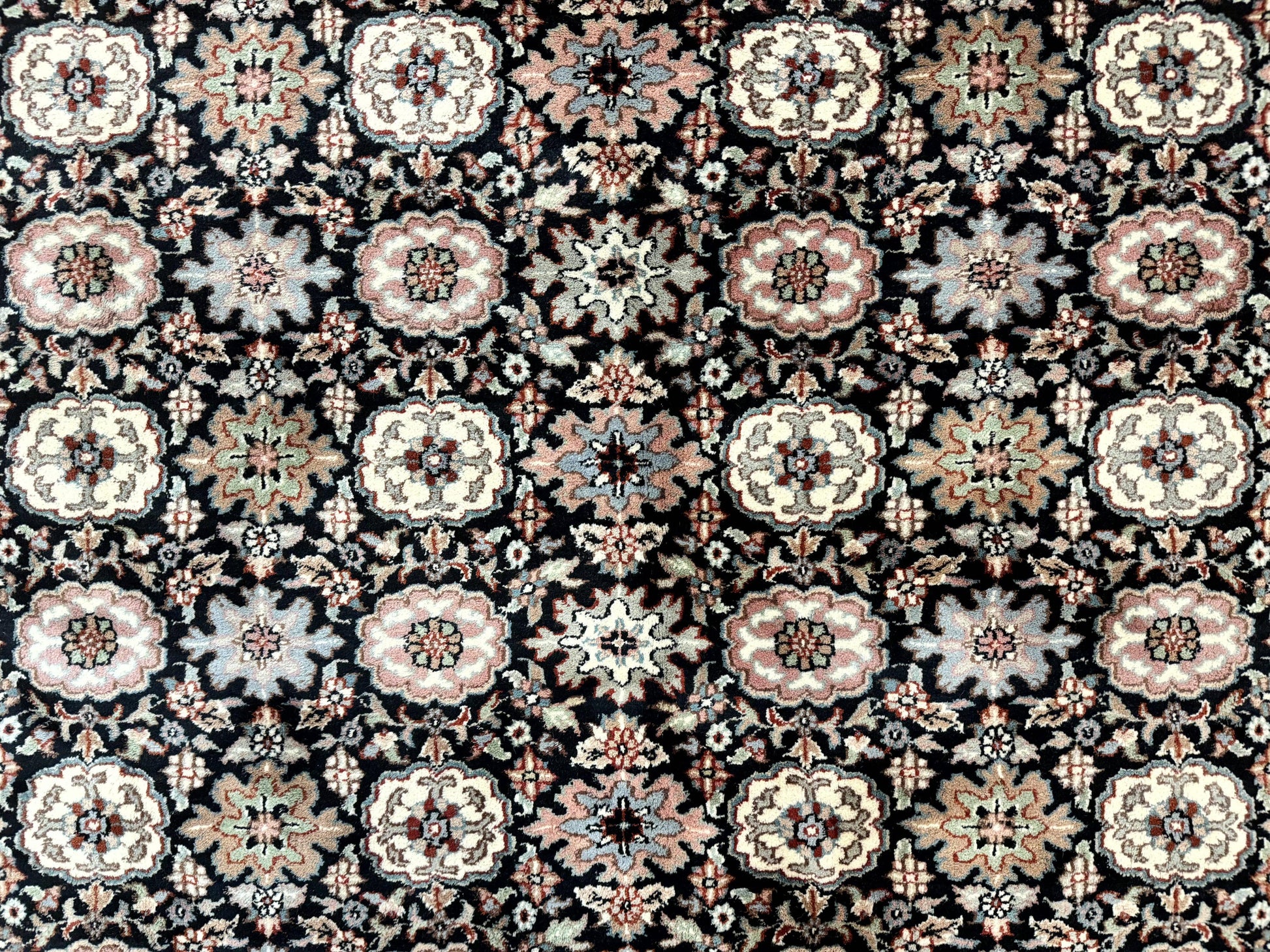 Indo Persian Rug 9x12, Vintage Handmade Wool Carpet, Repeated Allover Motif, Navy Blue and Pink - Nuvé