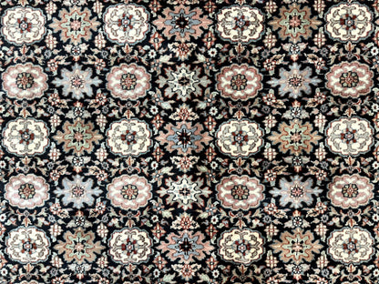 Indo Persian Rug 9x12, Vintage Handmade Wool Carpet, Repeated Allover Motif, Navy Blue and Pink - Nuvé