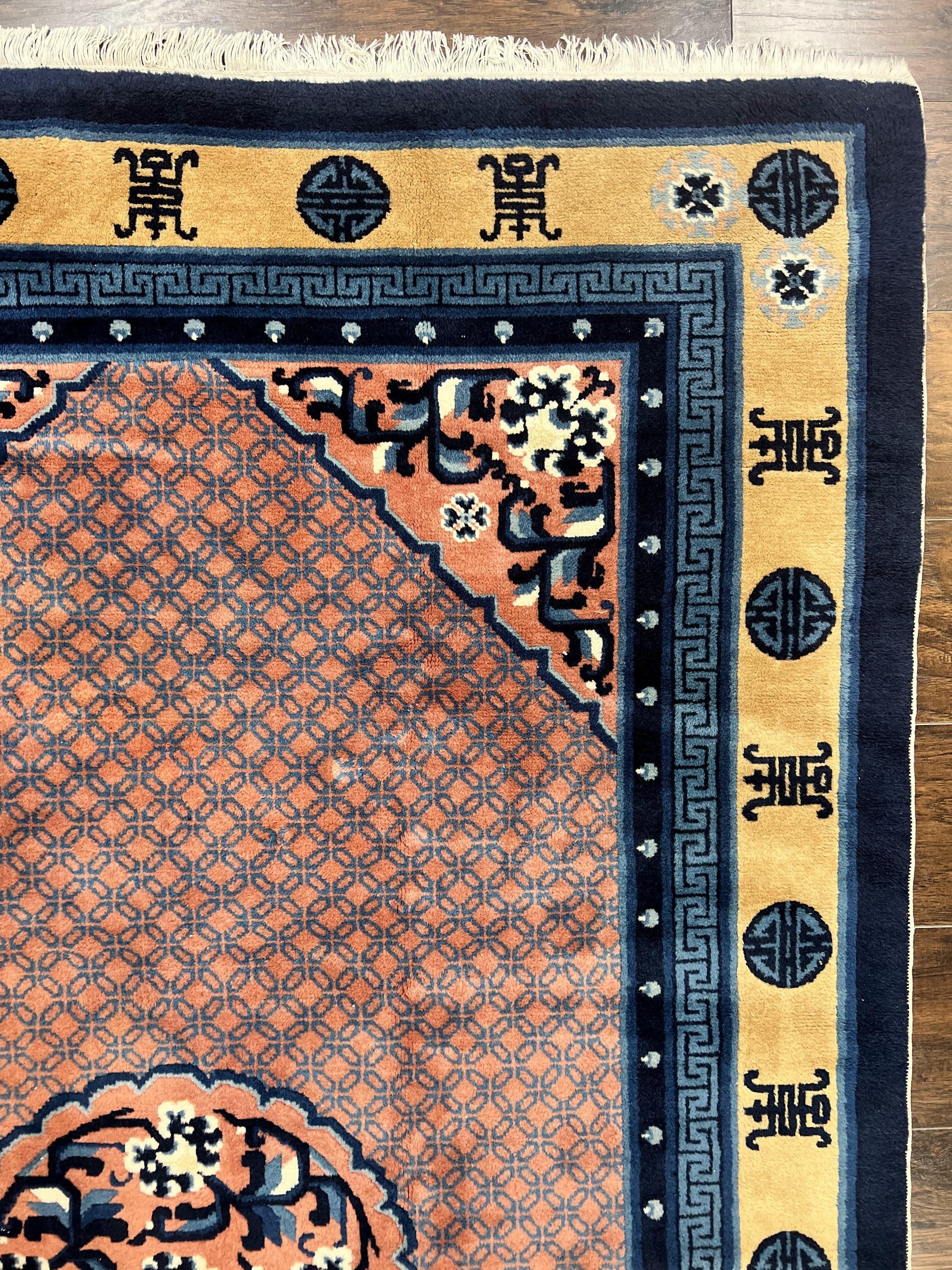 Chinese Peking Rug 5x8, Vintage Semi Antique Chinese Art Deco Carpet, Wool Pile Light Red/Salmon Gold Navy Blue, Handmade Asian Oriental Rug - Nuvé