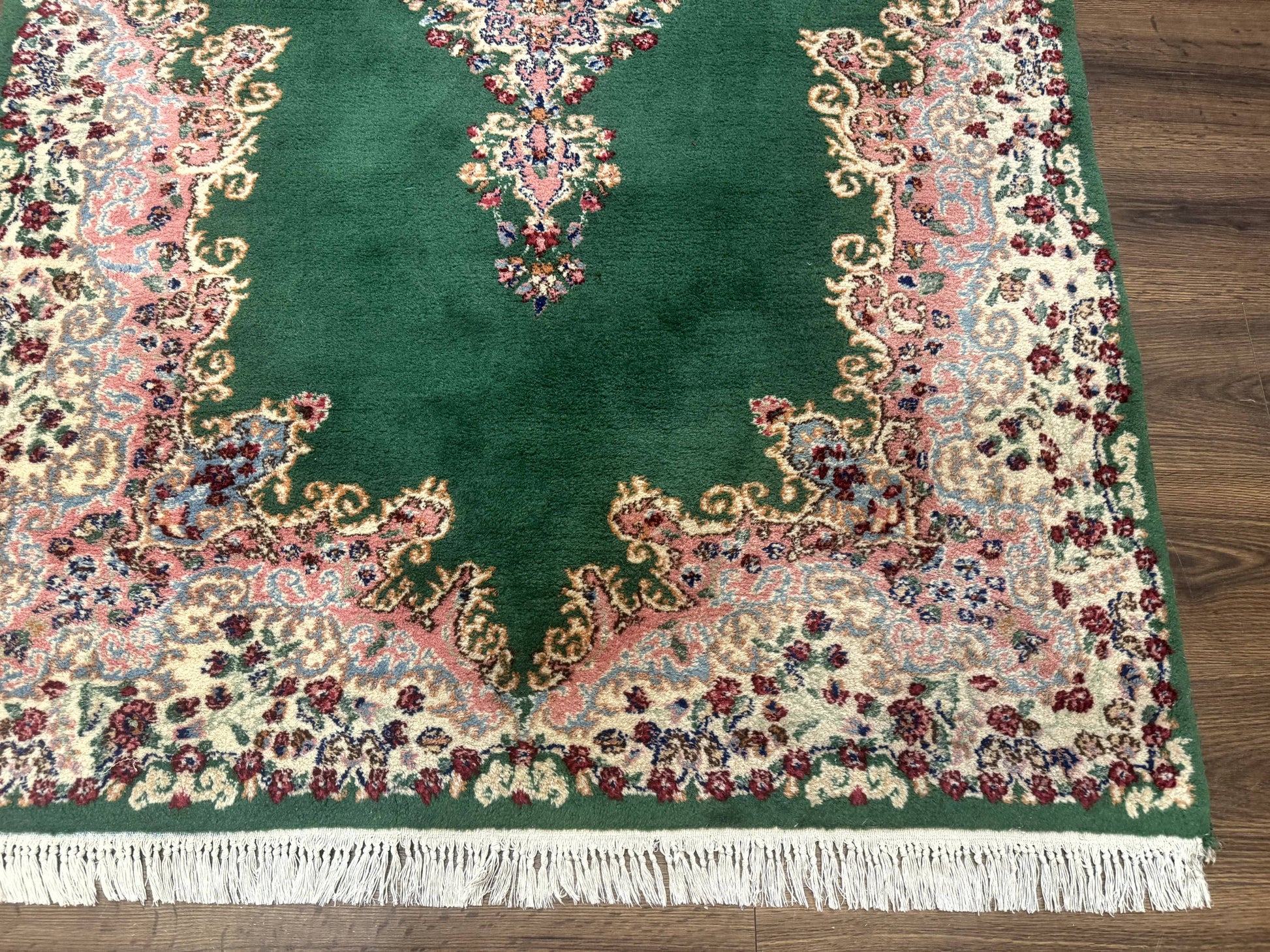 Green Persian Kerman Rug 4x6, Semi Open Field, Green & Cream, Vintage - Nuvé