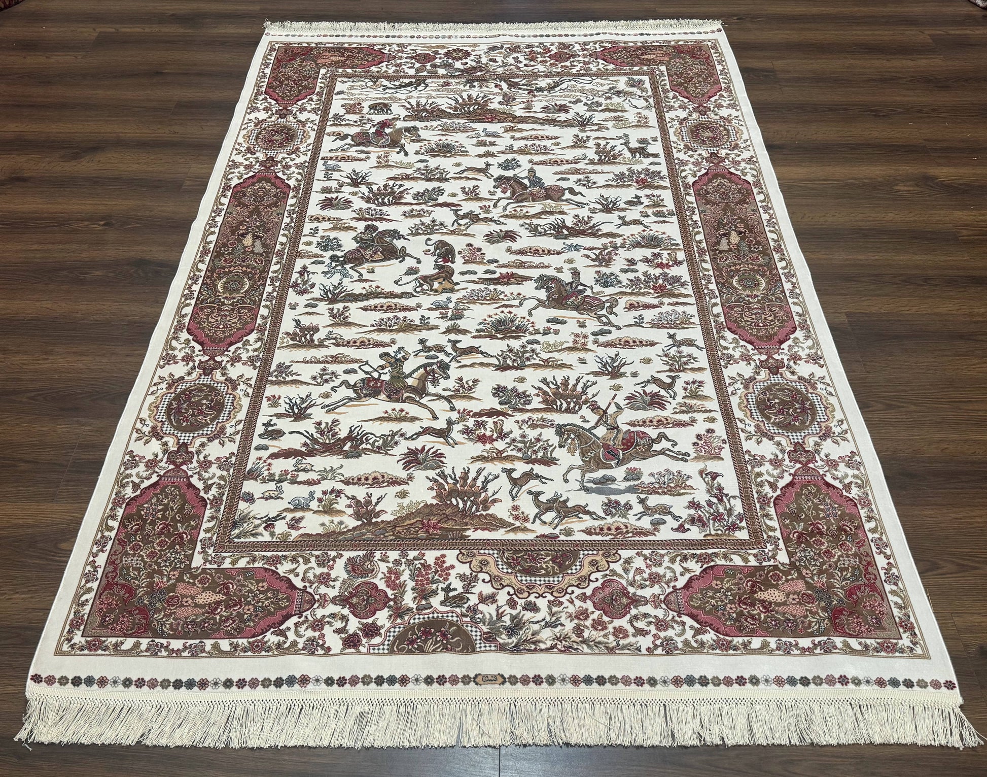 Turkish Silk Rug 5x8, Ivory, Hunting Design, Animal Pictorials, Bamboo Silk - Nuvé
