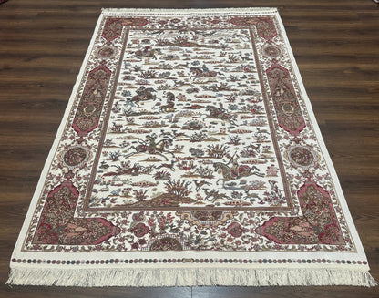 Turkish Silk Rug 5x8, Ivory, Hunting Design, Animal Pictorials, Bamboo Silk - Nuvé