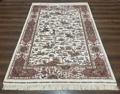 Turkish Silk Rug 5x8, Ivory, Hunting Design, Animal Pictorials, Bamboo Silk - Nuvé
