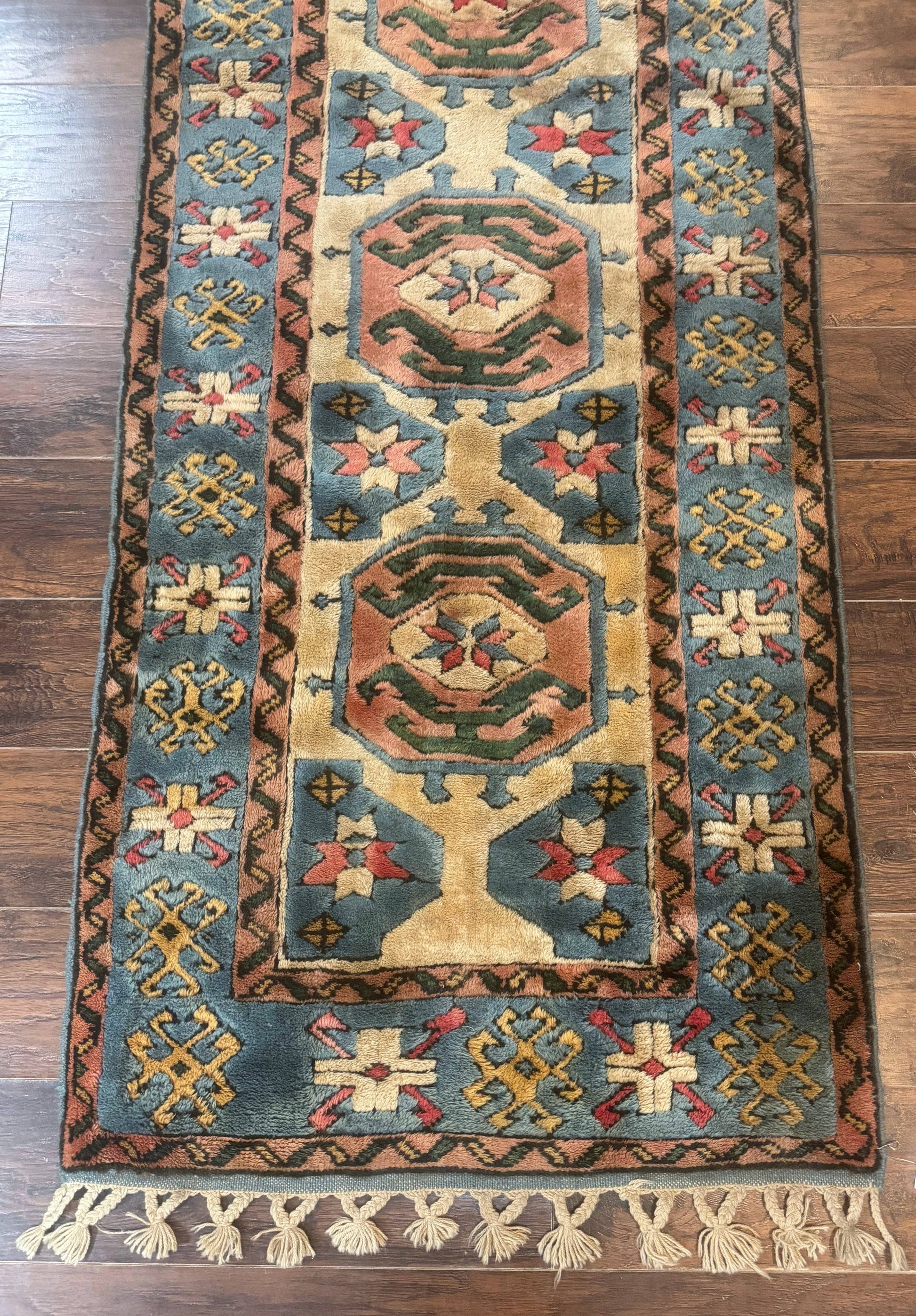 Turkish Kazak Runner Rug 3x11, Cream and Light Blue, Vintage - Nuvé