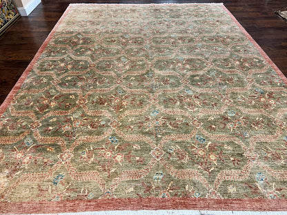 Large Modern Pakistani Rug 9x12, Handmade Wool Carpet, Peshawar Rug, Hand Knotted Oriental Rug, Contemporary, Floral, Light Green - Nuvé