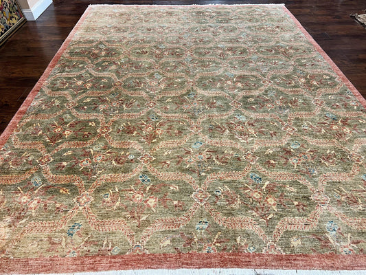 Large Modern Pakistani Rug 9x12, Handmade Wool Carpet, Peshawar Rug, Hand Knotted Oriental Rug, Contemporary, Floral, Light Green - Nuvé