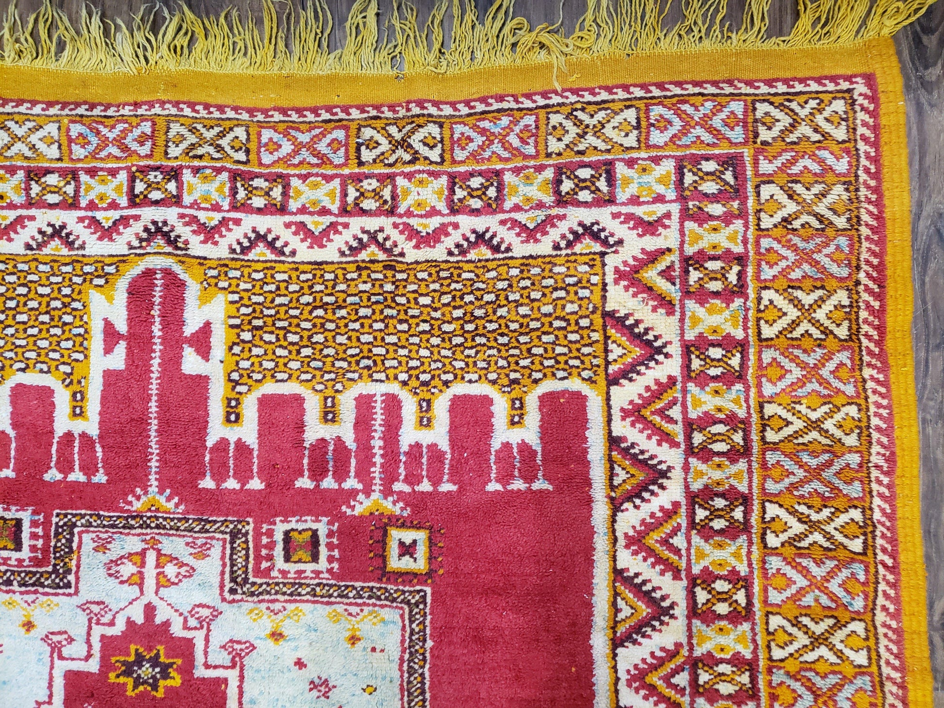 Vintage Moroccan Rug 6x10, Red and Yellow Moroccan Carpet, Handmade Bohemian Tribal Area Rug, Hand-Knotted 1970s Wool Rug, Medalions - Nuvé