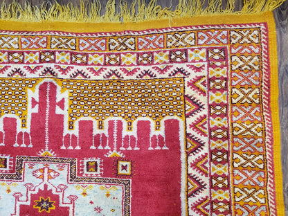 Vintage Moroccan Rug 6x10, Red and Yellow Moroccan Carpet, Handmade Bohemian Tribal Area Rug, Hand-Knotted 1970s Wool Rug, Medalions - Nuvé