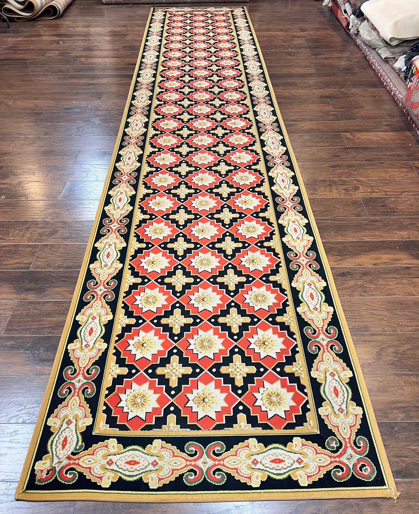 Runner Rug 4x19, Panel Design Rug, Custom Made Stark Runner Carpet, Wool, Vintage 4 x 19 Hallway Rug, European Design, Red Black Ivory Tan - Nuvé