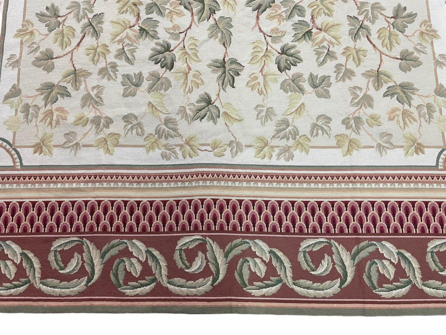 Traditional Aubusson Needlepoint Rug 9 x 12, Flowers, Flatweave Carpet, Hand-Knotted, Brand New, Cream Color, Green, Maroon Red, Wool - Nuvé