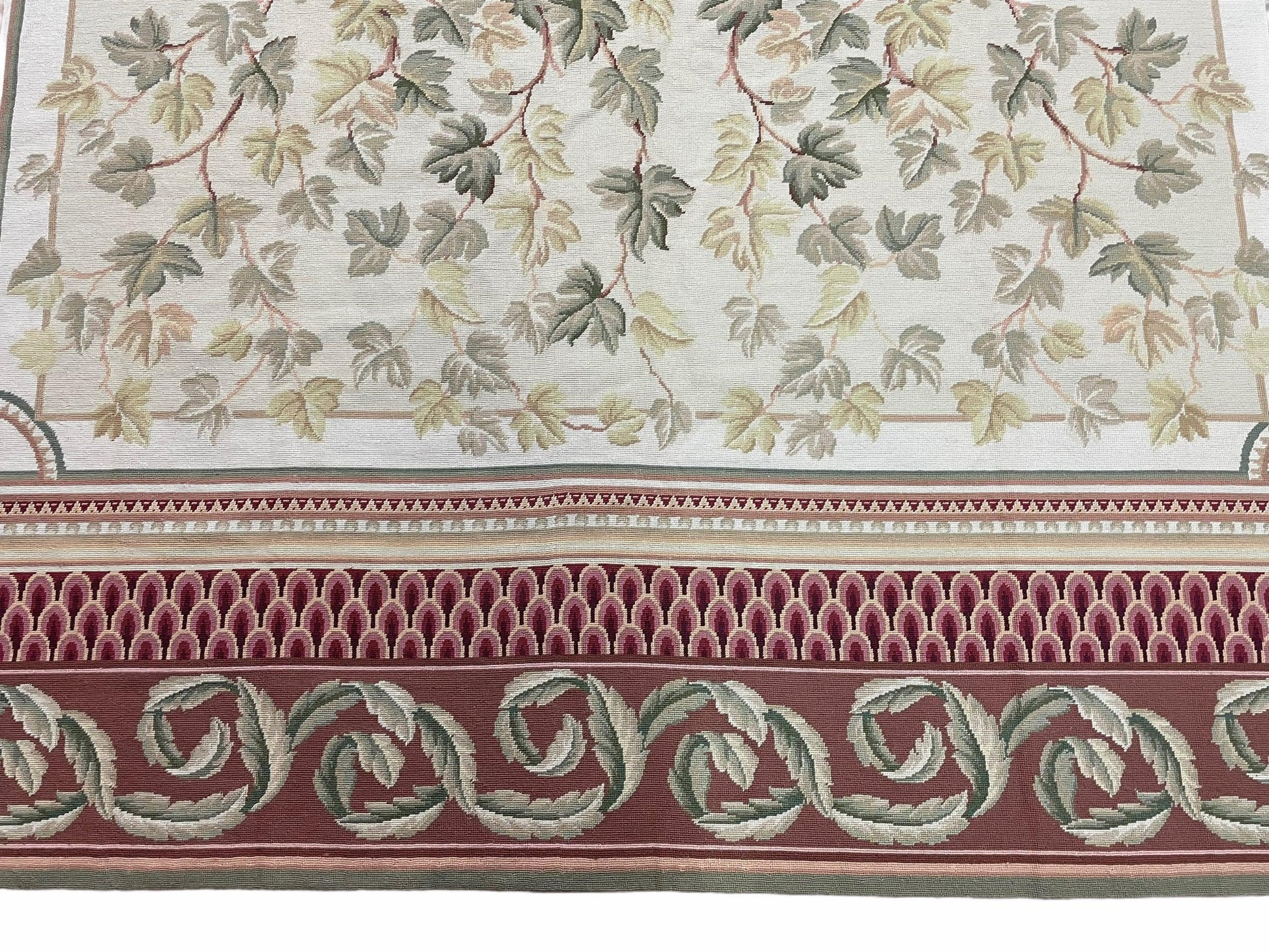 Traditional Aubusson Needlepoint Rug 9 x 12, Flowers, Flatweave Carpet, Hand-Knotted, Brand New, Cream Color, Green, Maroon Red, Wool - Nuvé