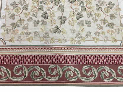 Traditional Aubusson Needlepoint Rug 9 x 12, Flowers, Flatweave Carpet, Hand-Knotted, Brand New, Cream Color, Green, Maroon Red, Wool - Nuvé