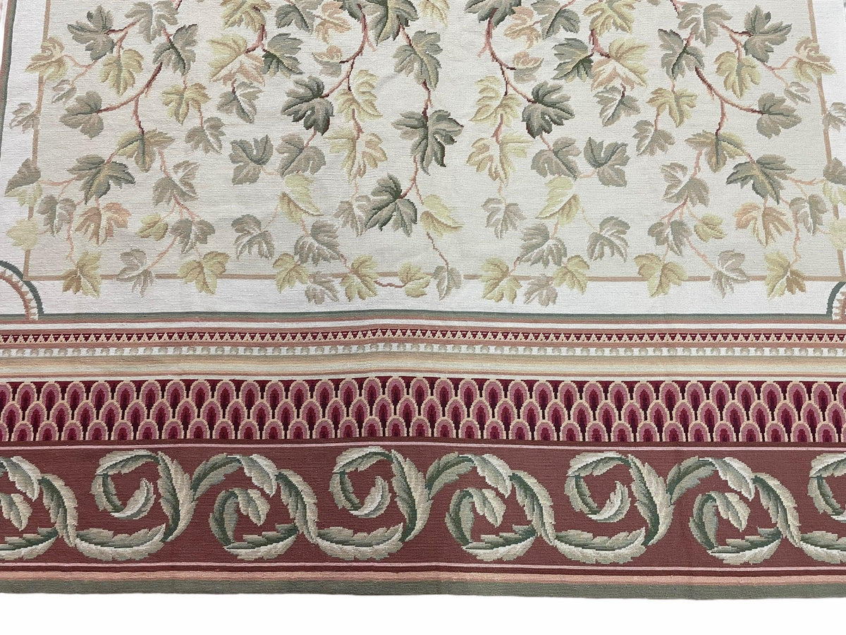 Aubusson Needlepoint Rug 9x12, Flatweave Carpet, Leaves, Wool, New, Handmade