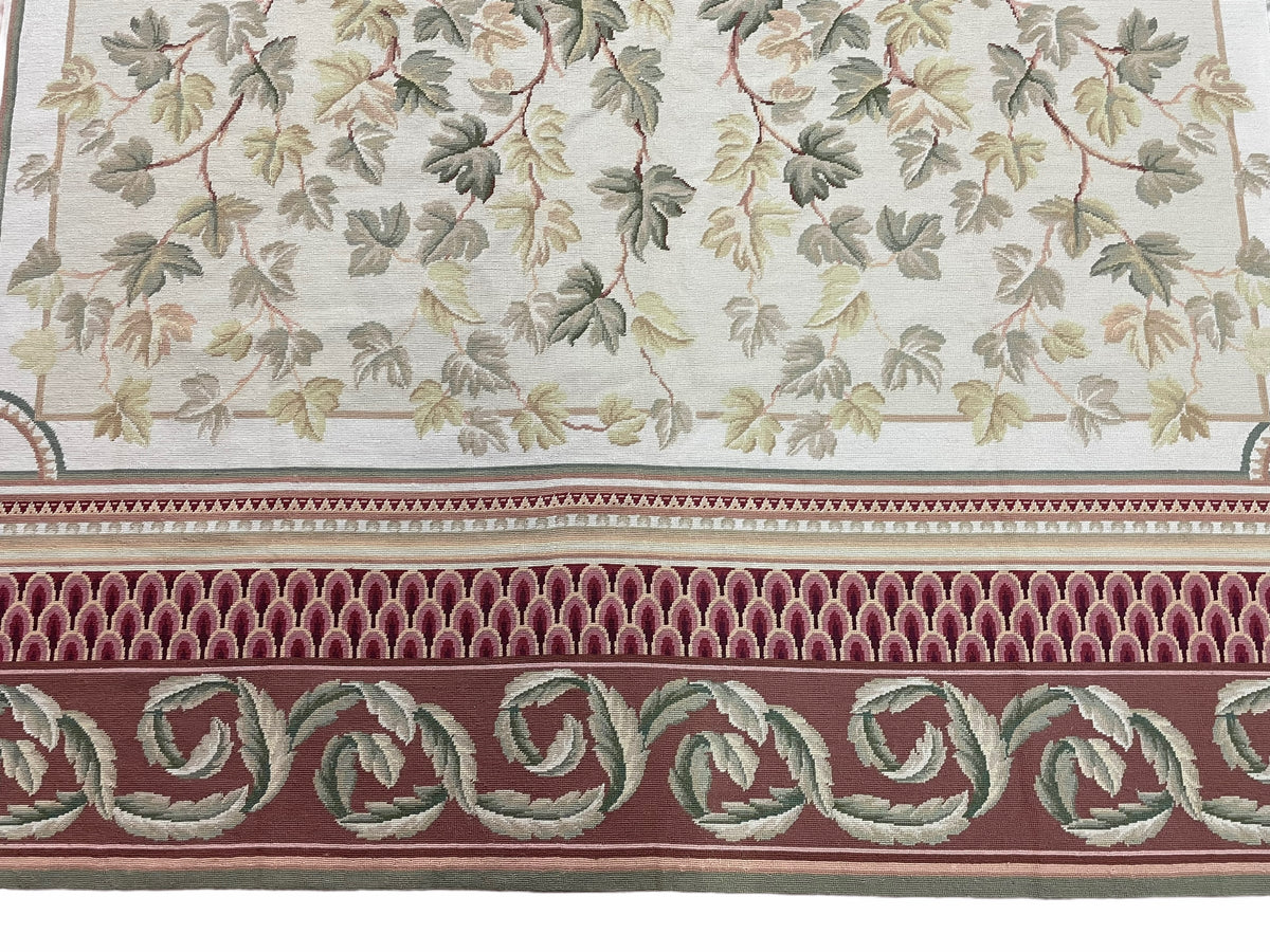 Aubusson Needlepoint Rug 9x12, Flatweave Carpet, Leaves, Wool, New, Handmade