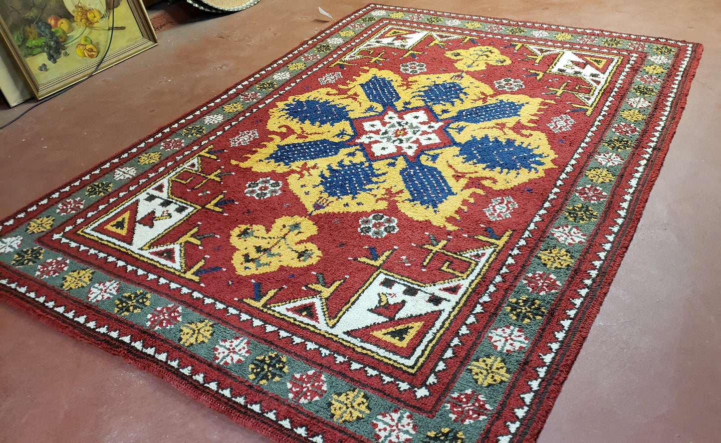 Colorful Moroccan Heriz Rug 6x9, Large Central Medallion, Red Yellow Blue - Nuvé