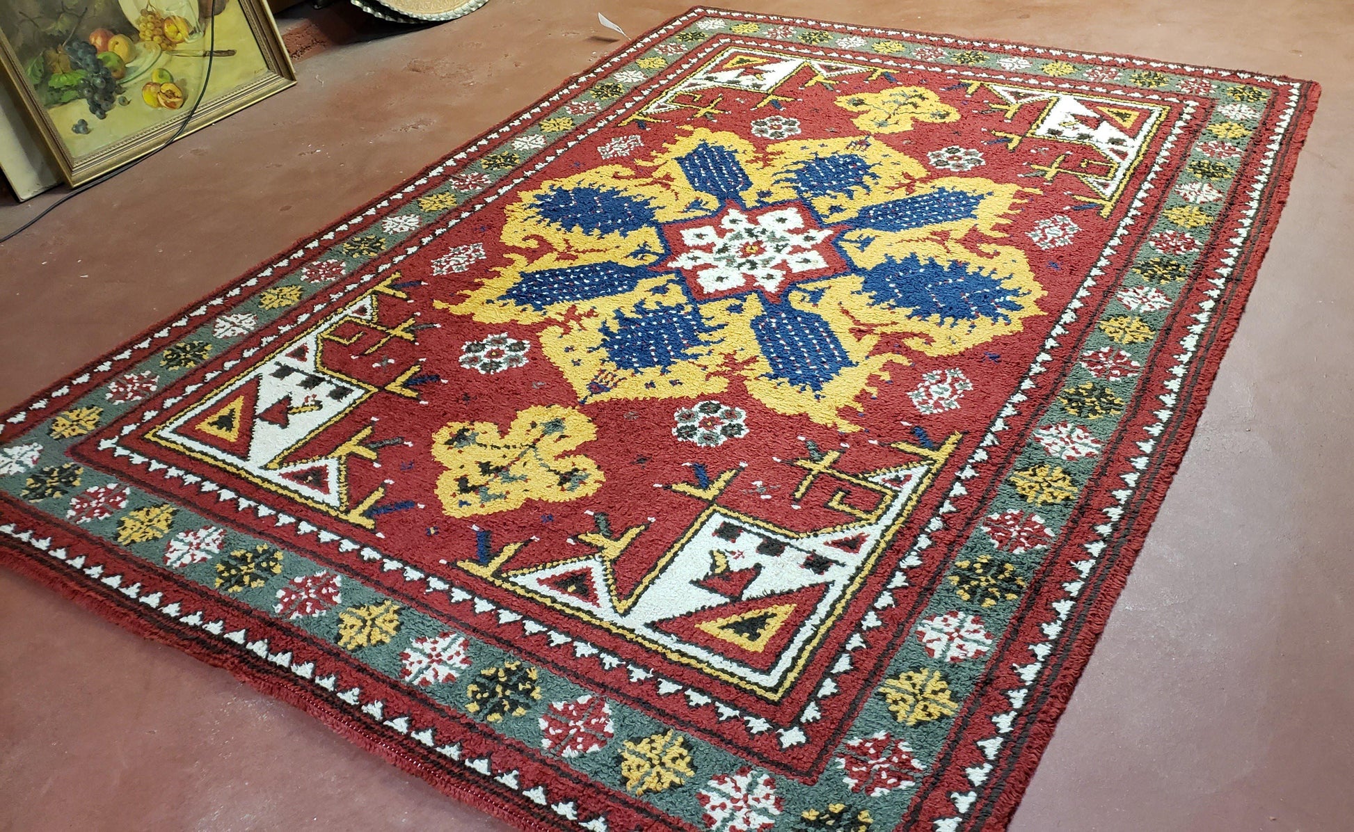 Colorful Moroccan Heriz Rug 6x9, Large Central Medallion, Red Yellow Blue - Nuvé