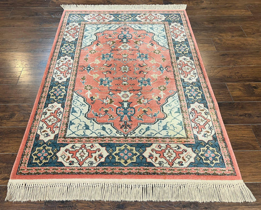Karastan Rug 4x6 Bergama Design #737, Karastan Area Rug, Vintage Wool Karastan Carpet, Original Collection 700 Series, Salmon Red Light Blue - Nuvé