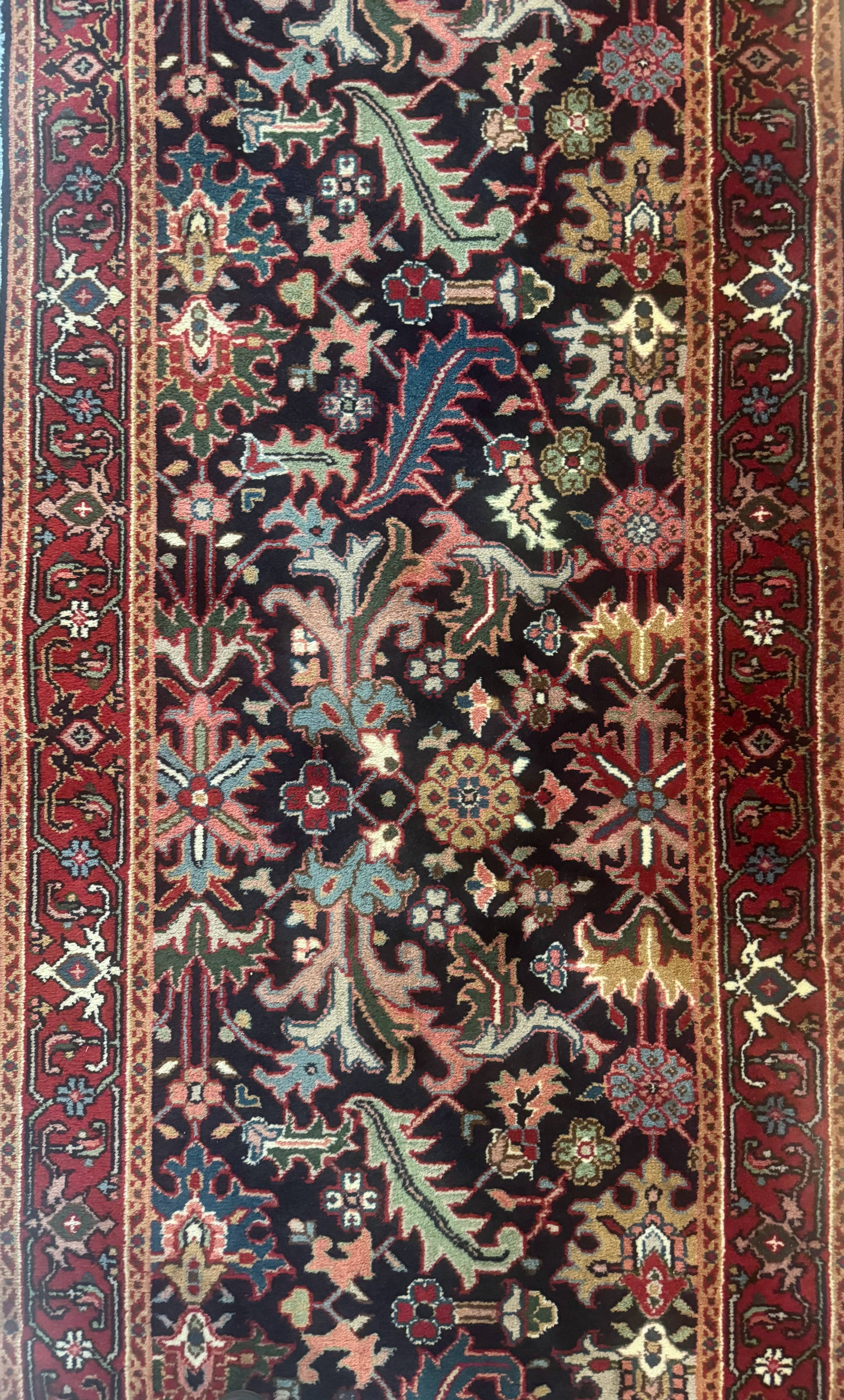 Indo Persian Runner Rug 2.7 x 13, Navy Blue and Red, Allover Floral, Wool, 13ft Runner - Nuvé