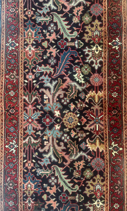 Indo Persian Runner Rug 2.7 x 13, Navy Blue and Red, Allover Floral, Wool, 13ft Runner - Nuvé