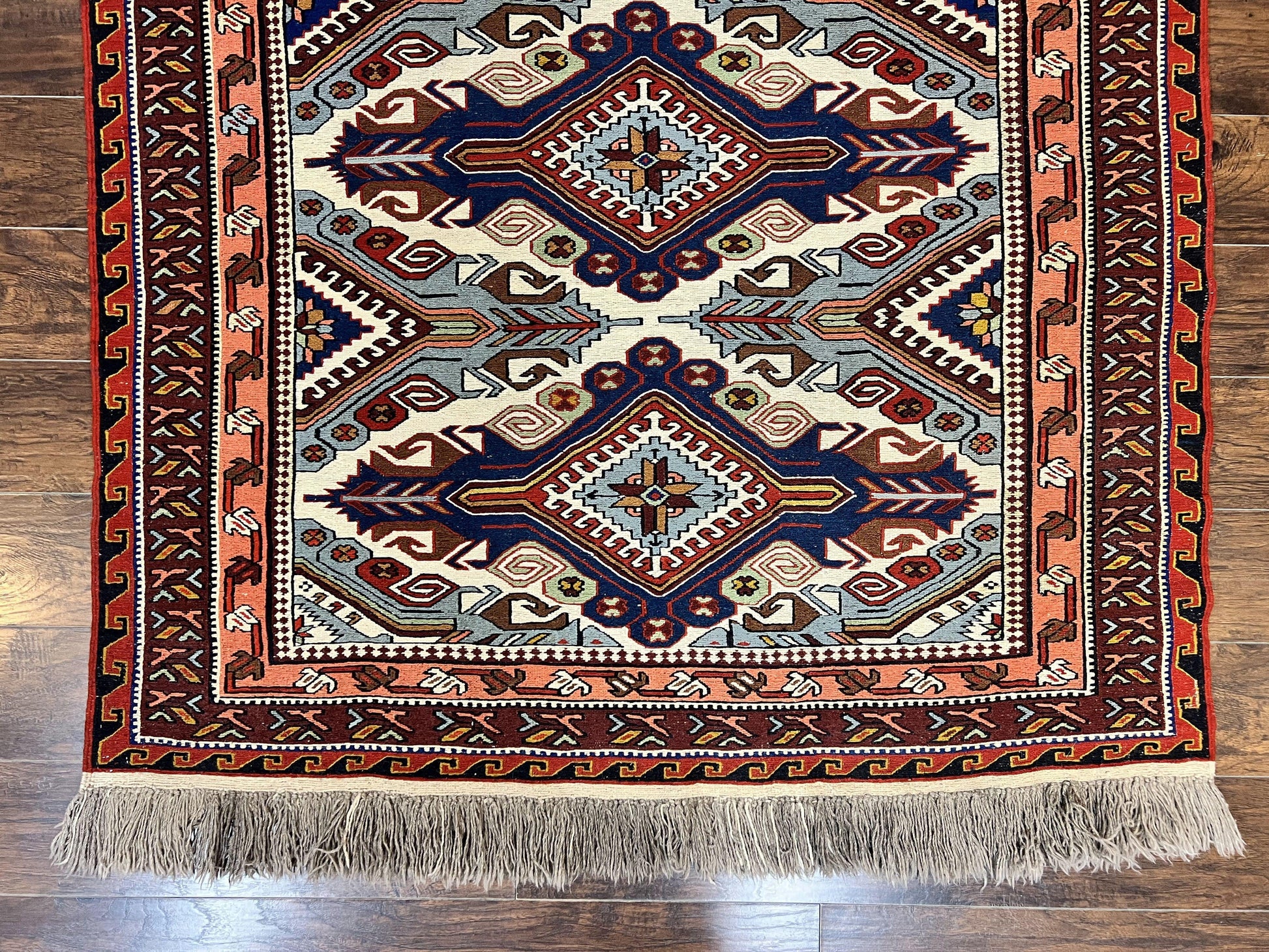Russian Soumak Rug 6x8, Wool Handmade Antique Kilim Carpet, Multicolor 6 x 8 Geometric Medallions Caucasian Rug, Medium Size - Nuvé