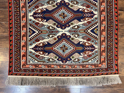 Russian Soumak Rug 6x8, Wool Handmade Antique Kilim Carpet, Multicolor 6 x 8 Geometric Medallions Caucasian Rug, Medium Size - Nuvé