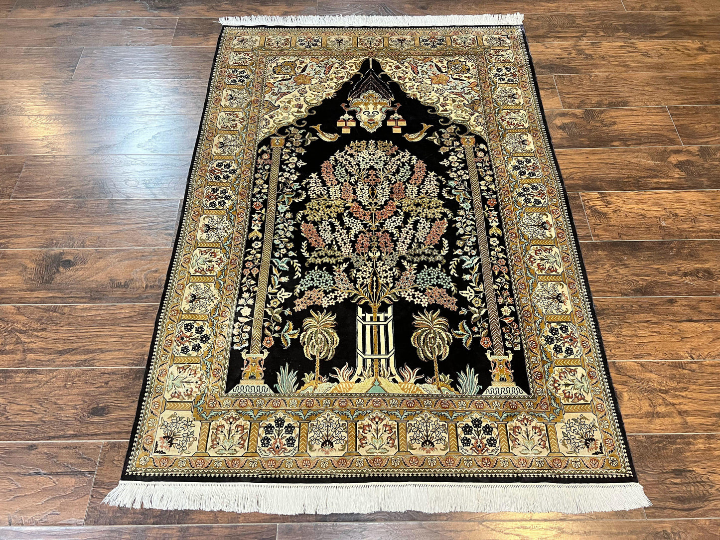 Wonderful Sino Persian Silk Rug 4x6, Tree of LIfe Design, Masterpiece 575 KPSI, Birds, Prayer Rug, Black, Silk on Silk - Nuvé