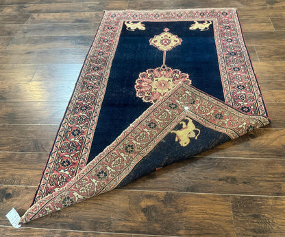 Antique Persian Mashad Rug 4x6, Semi Open Field, Navy Blue, Lion Pictorials, Triple Medallion, Dorokhsh Rug - Nuvé
