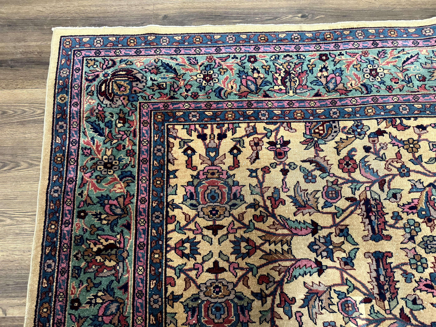 Antique Persian Rug 10x15, Camel and Cyan, Allover Pattern, Rare, Samarkand Rug - Nuvé