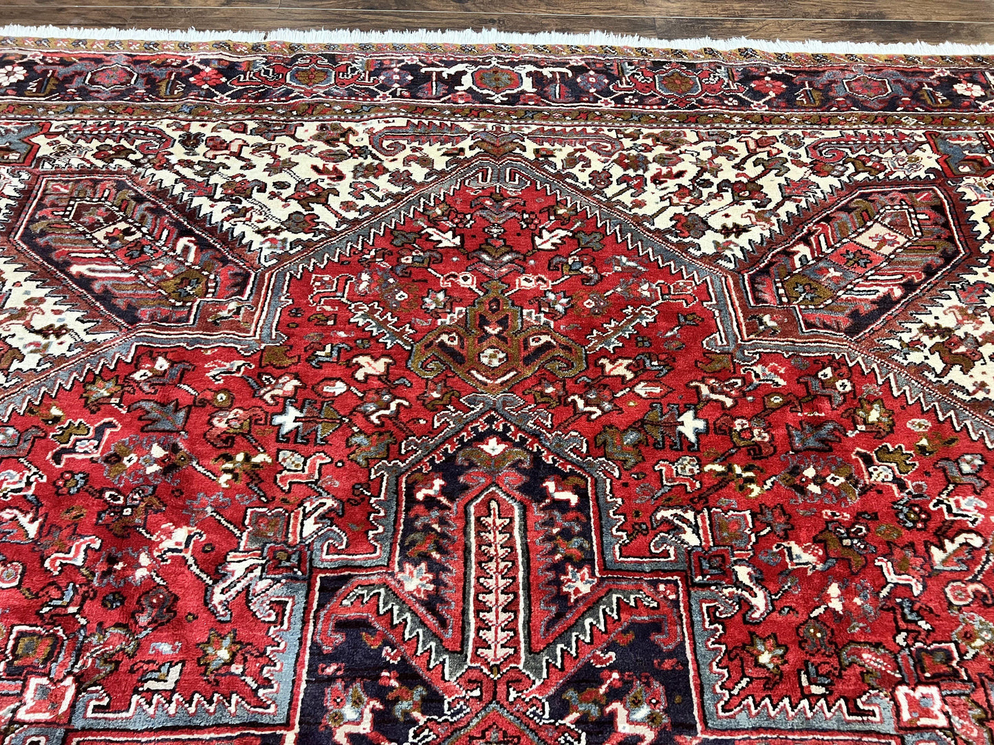 Large Persian Heriz Rug 10x13, Wool Hand Knotted Antique Carpet, Red and Ivory, Geometric Tribal Room Sized Rug, Decorative Oriental Rug - Nuvé