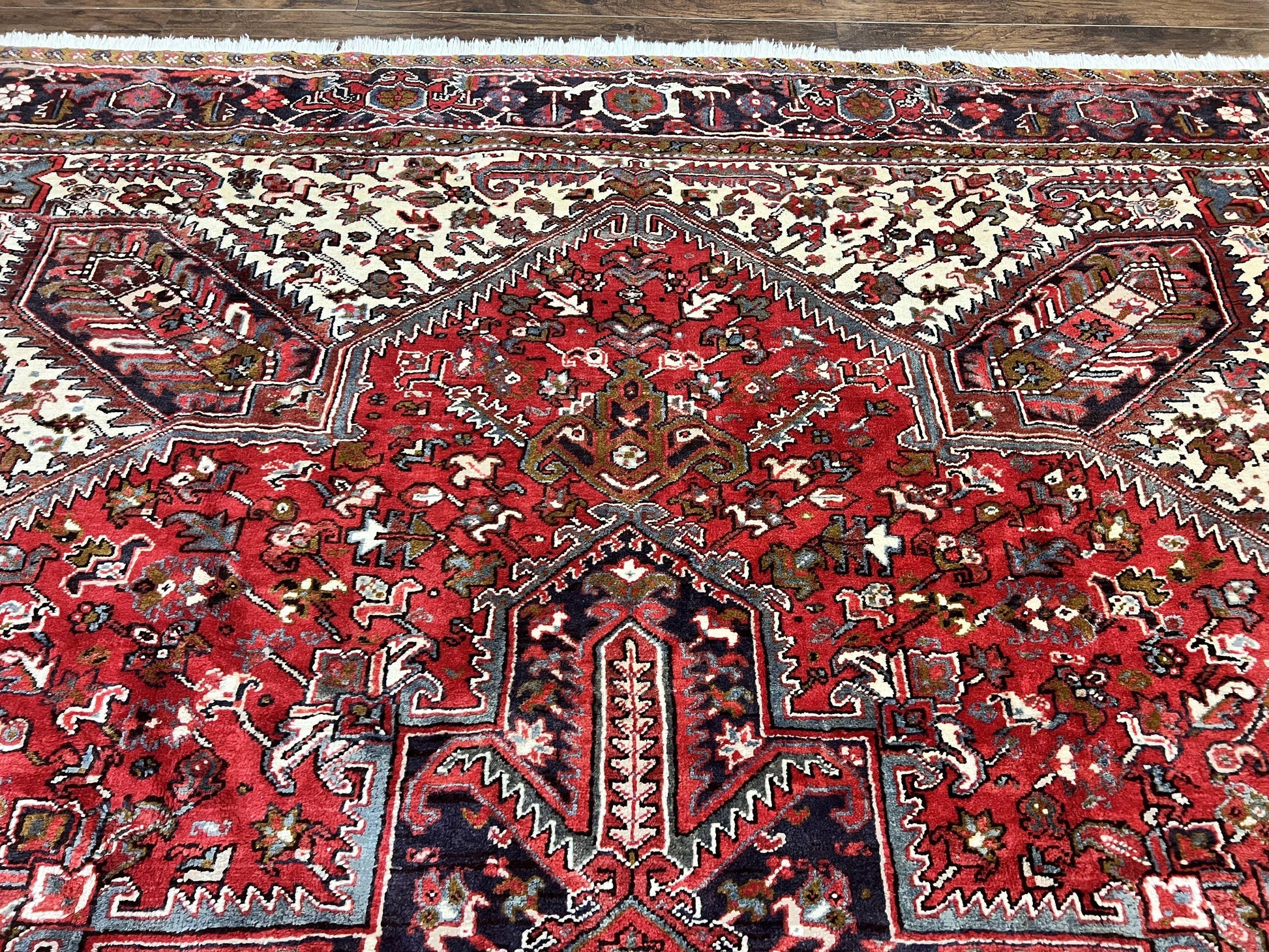 Large Persian Heriz Rug 10x13, Wool Hand Knotted Antique Carpet, Red and Ivory, Geometric Tribal Room Sized Rug, Decorative Oriental Rug - Nuvé