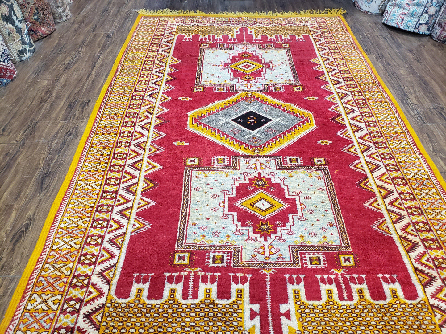 Vintage Moroccan Rug 6x10, Red and Yellow Moroccan Carpet, Handmade Bohemian Tribal Area Rug, Hand-Knotted 1970s Wool Rug, Medalions - Nuvé