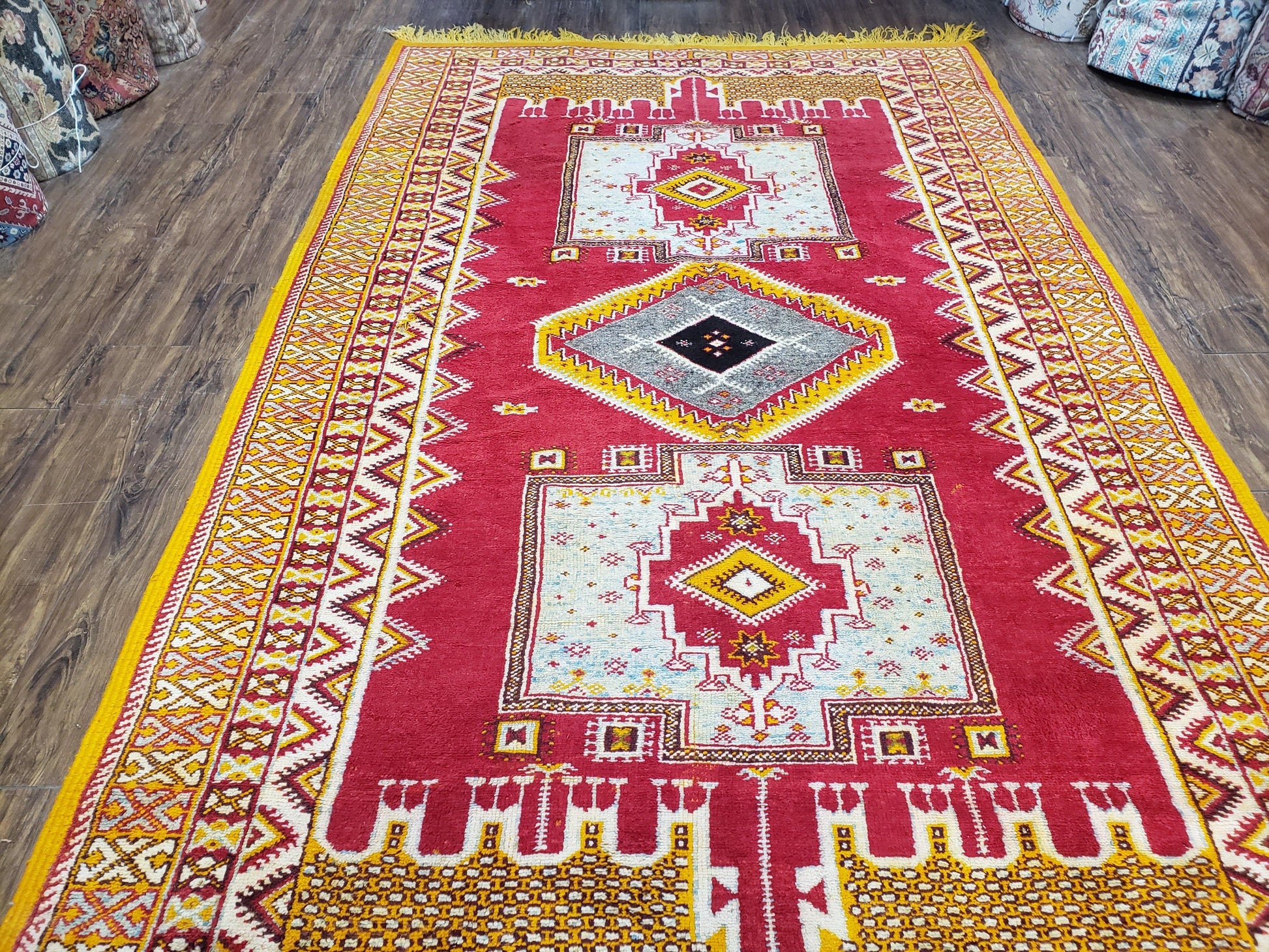 Vintage Moroccan Rug 6x10, Red and Yellow Moroccan Carpet, Handmade Bohemian Tribal Area Rug, Hand-Knotted 1970s Wool Rug, Medalions - Nuvé