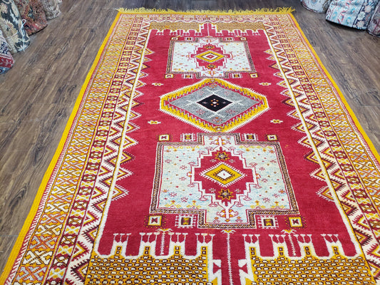 Vintage Moroccan Rug 6x10, Red and Yellow Moroccan Carpet, Handmade Bohemian Tribal Area Rug, Hand-Knotted 1970s Wool Rug, Medalions - Nuvé