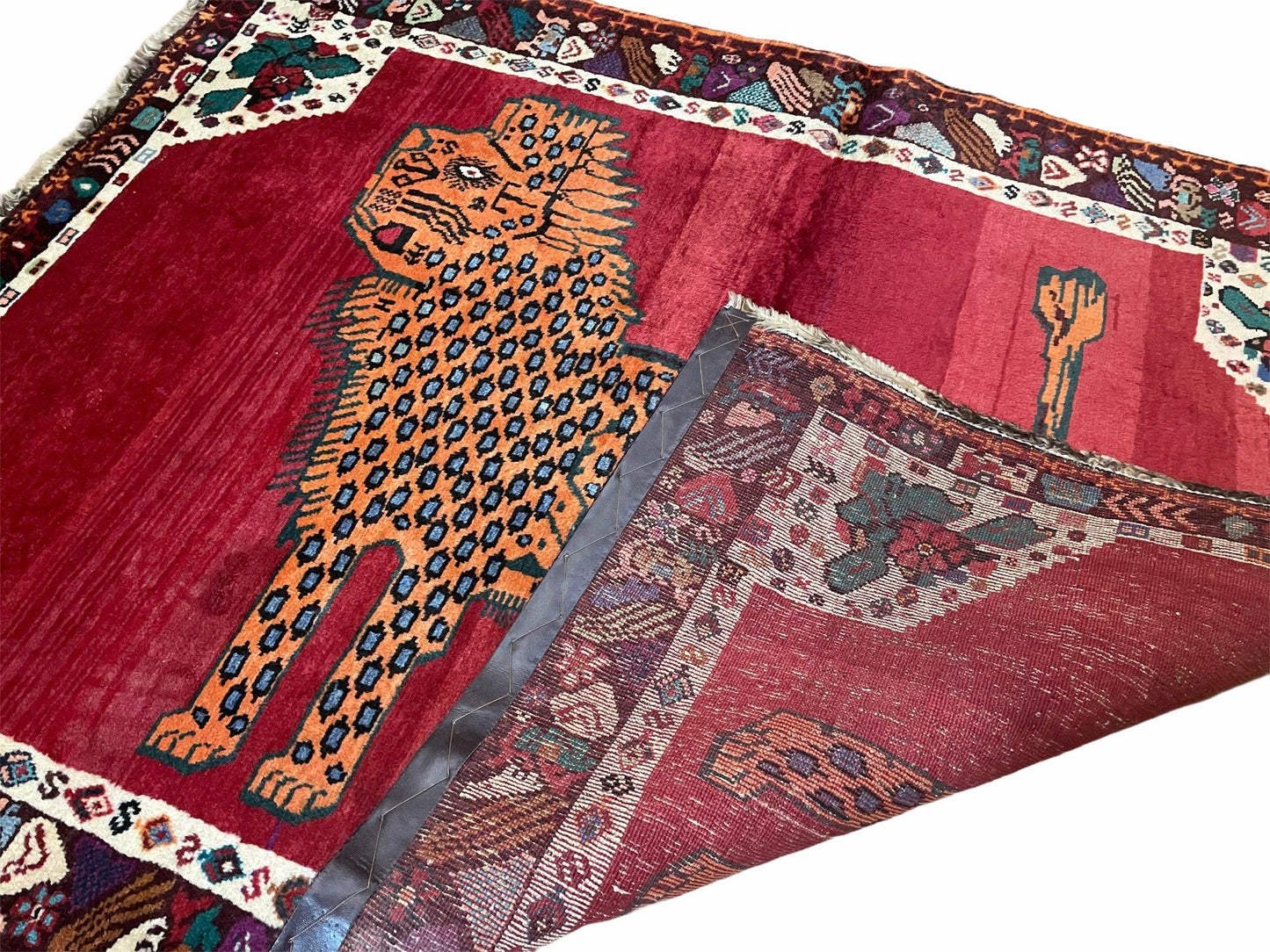Antique Persian Gabbeh Wool Rug 4x5, Lion Pictorial Rug, Red Orange Black, Hand Knotted Handmade Vintage Gabbeh Carpet 4 x 5 ft, Tribal Rug - Nuvé