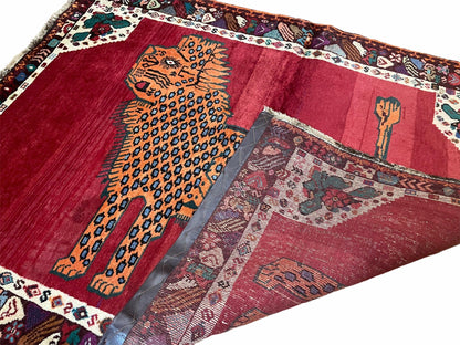 Antique Persian Gabbeh Wool Rug 4x5, Lion Pictorial Rug, Red Orange Black, Hand Knotted Handmade Vintage Gabbeh Carpet 4 x 5 ft, Tribal Rug - Nuvé