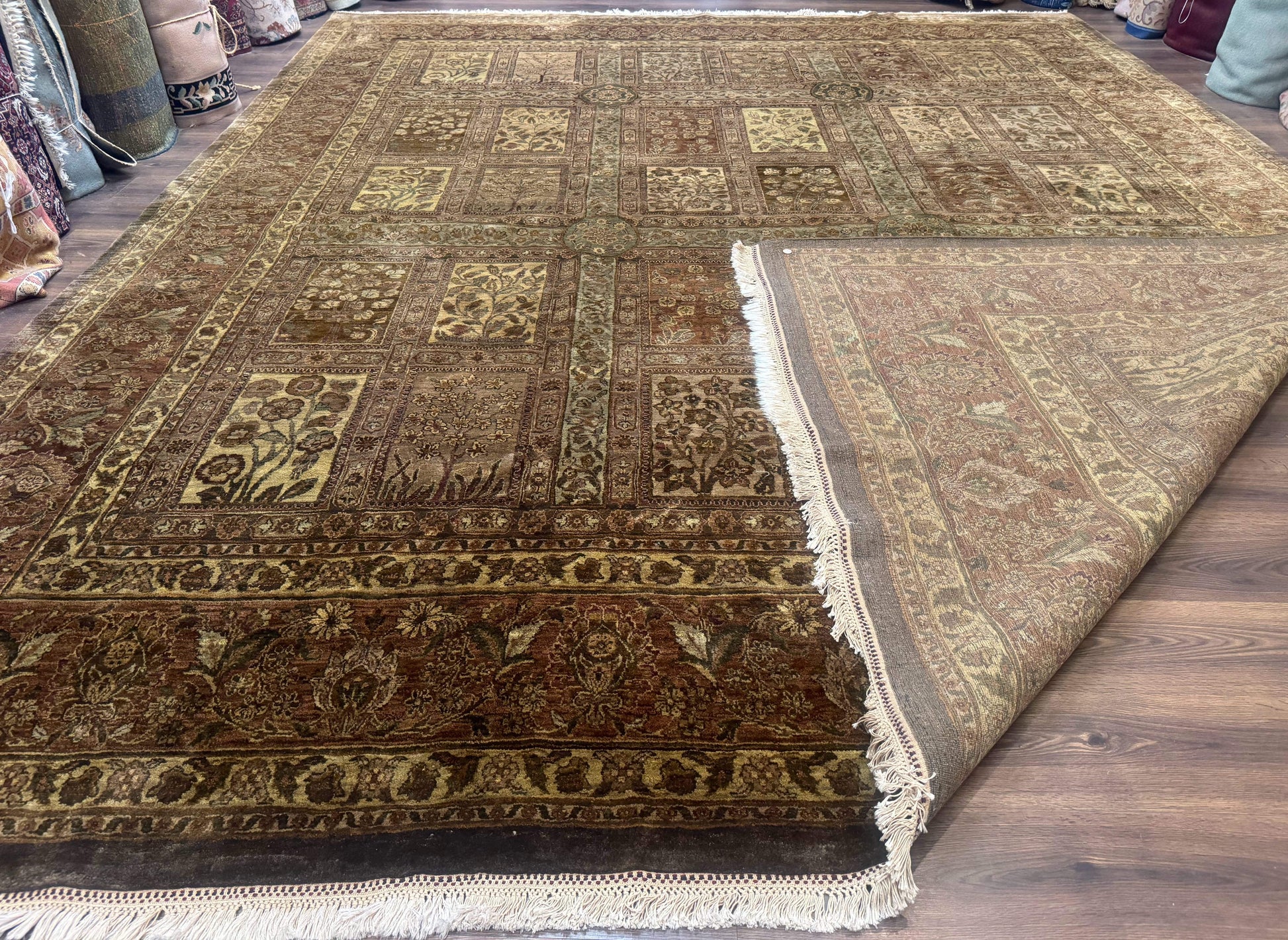 Large Indian Wool Rug 12x14, Wool Handmade Panel Design Carpet, Traditional, Palace Size - Nuvé