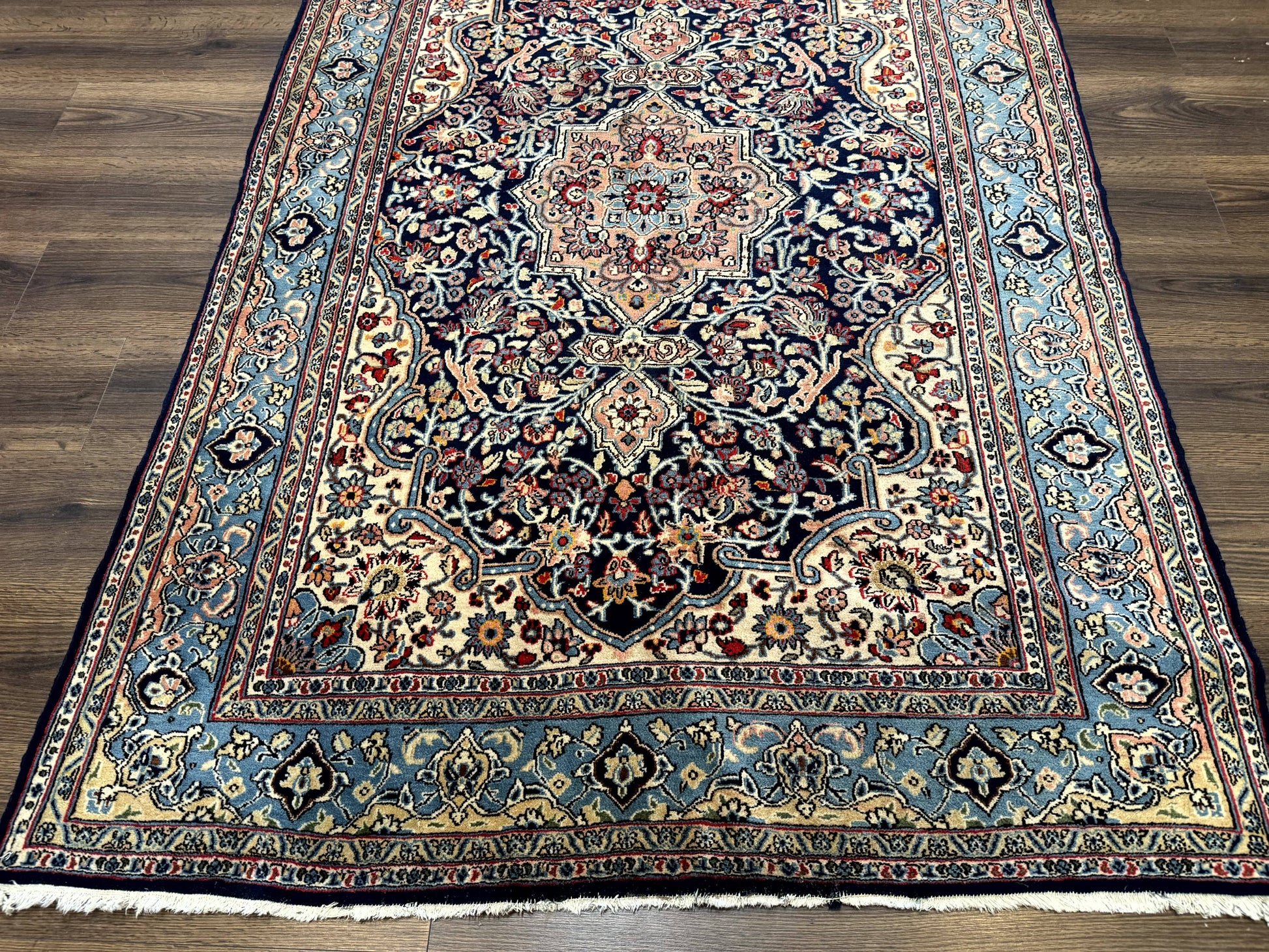 Persian Qum Rug 5x7 in Navy Light Blue and Ivory, Wool wilh Silk Highlights, 225 KPSI - Nuvé