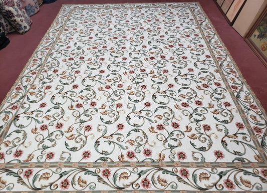 Needlepoint Rug 9x12, European Aubusson Design, Floral Allover Garden Pattern, New Needlepoint Area Rug, Ivory Rug, Hand Woven, Flatweave - Nuvé