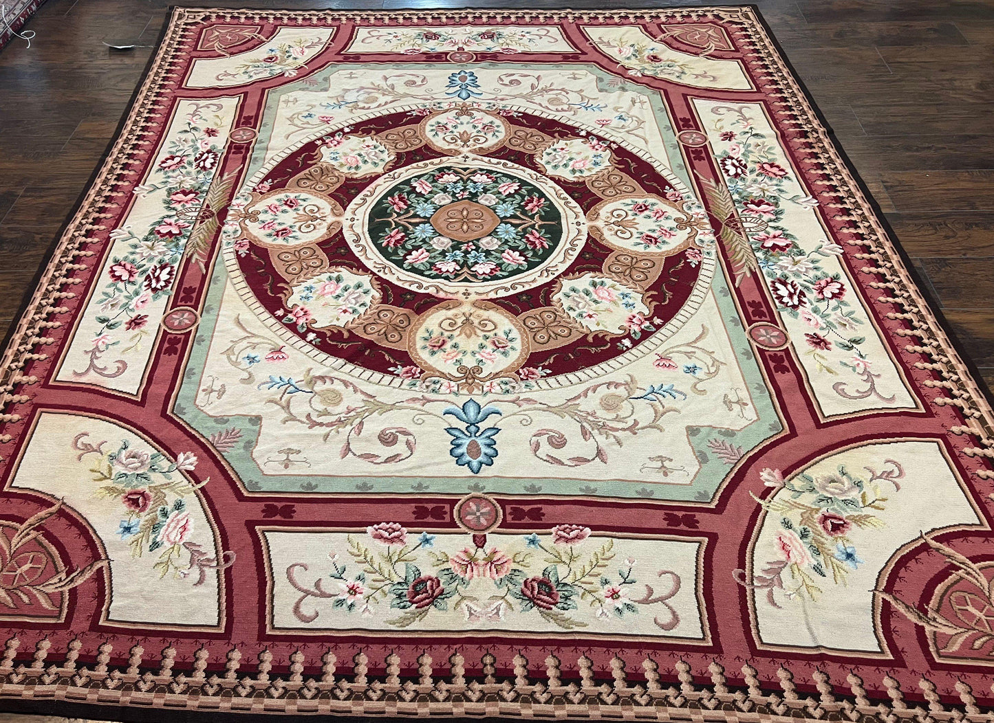 Needlepoint Rug 7.9 x 9, Beige Maroon Rose, Handmade Handwoven Flatweave Aubusson Savonnerie French European Elegant Carpet, Wool Rug - Nuvé