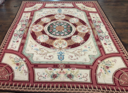 Needlepoint Rug 7.9 x 9, Beige Maroon Rose, Handmade Handwoven Flatweave Aubusson Savonnerie French European Elegant Carpet, Wool Rug - Nuvé