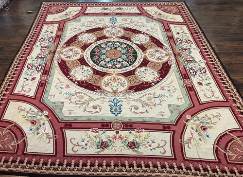 Needlepoint Rug 7.9 x 9, Beige Maroon Rose, Handmade Handwoven Flatweave Aubusson Savonnerie French European Elegant Carpet, Wool Rug - Nuvé