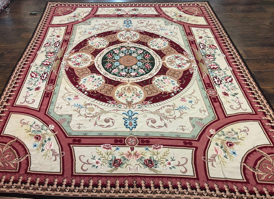 Needlepoint Rug 7.9 x 9, Beige Maroon Rose, Handmade Handwoven Flatweave Aubusson Savonnerie French European Elegant Carpet, Wool Rug - Nuvé