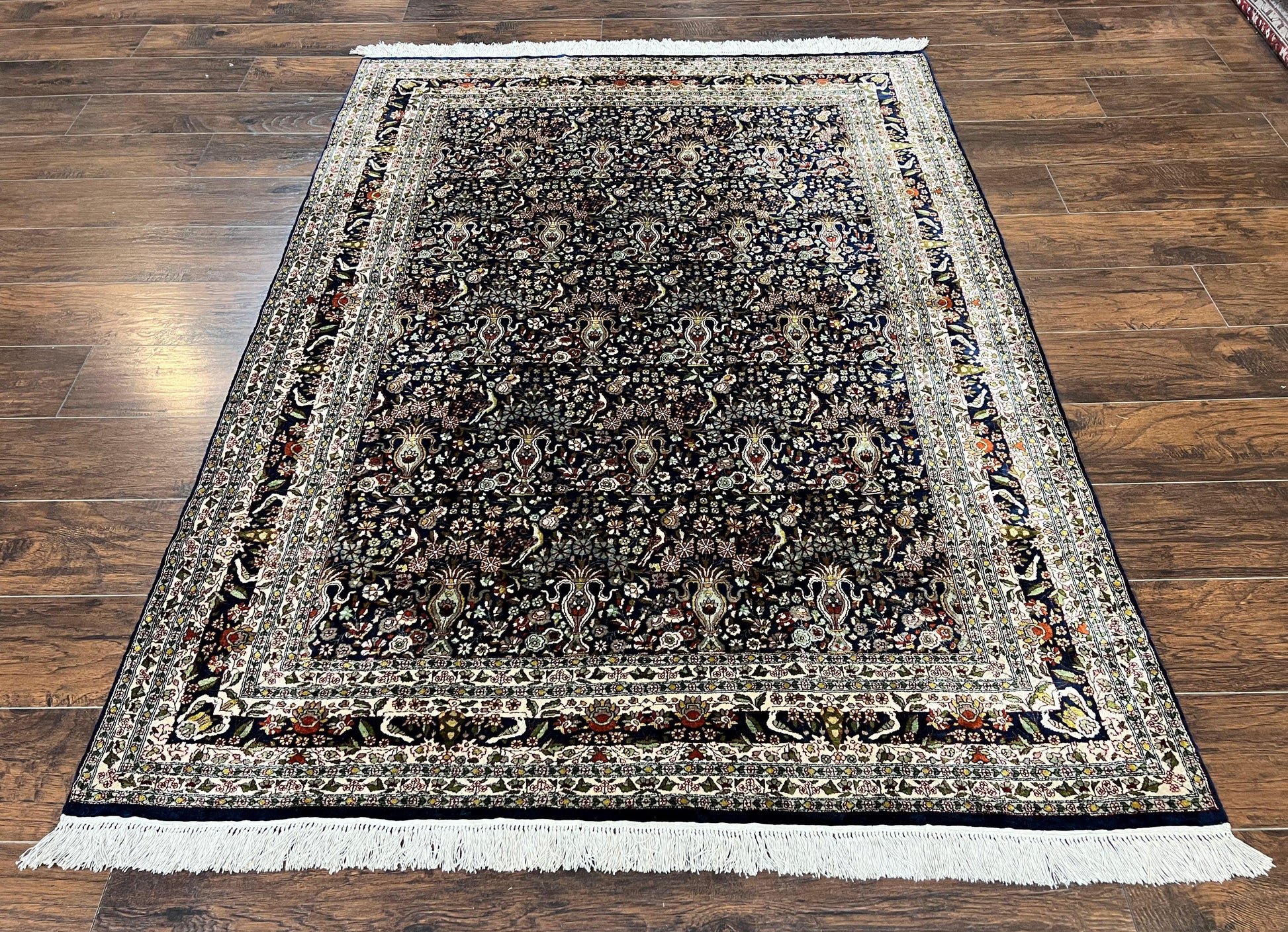 Silk Indian Kashmiri Rug 5x7, Navy Blue Indo Persian Silk Carpet 5 x 7 ft, Hand Knotted Handmade Very Fine Oriental Carpet, 450 KPSI, Birds - Nuvé