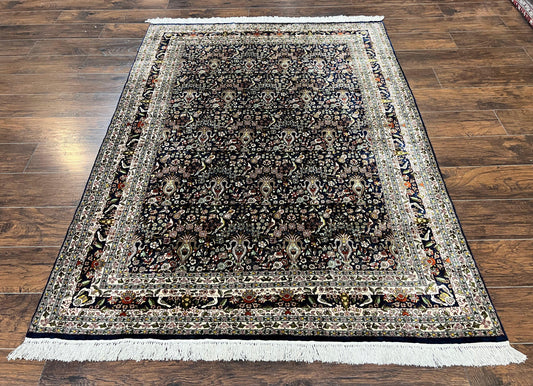 Silk Indian Kashmiri Rug 5x7, Navy Blue Indo Persian Silk Carpet 5 x 7 ft, Hand Knotted Handmade Very Fine Oriental Carpet, 450 KPSI, Birds - Nuvé